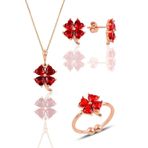 Söğütlü Silver Gümüş Rose Kırmızı Taşlı Yonca Kolye Küpe ve Yüzük Üçlü Set