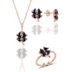 Söğütlü Silver Gümüş Rose Onix Taşlı Yonca Kolye Küpe ve Yüzük Üçlü Set