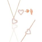 Söğütlü Silver Gümüş rose zirkon taşlı kalp kolye,bileklik ve küpe üçlü set [barcode]