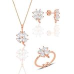 Söğütlü Silver Gümüş rose zirkon taşlı yonca kolye küpe ve yüzük üçlü set