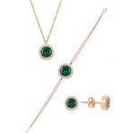 Söğütlü Silver Gümüş Rose Zirkon Ve Kök Zümrüt Taşlı Pırlanta Modeli Üçlü Set