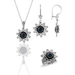 Söğütlü Silver Gümüş safir taşlı nilüfer modeli telkari işlemeli kolye küpe ve yüzük üçlü set [barcode]