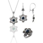 Söğütlü Silver Gümüş safir taşlı papatya modeli telkari işlemeli kolye küpe ve yüzük üçlü set [barcode]