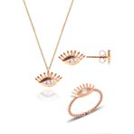 Söğütlü Silver SGTL10601 Gümüş Rose Zirkon Taşlı Kirpikli Göz Kolye Yüzük Ve Küpe Gümüş Üçlü Set