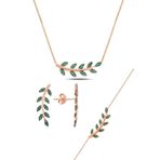 Söğütlü Silver SGTL10753 Rose Yeşil Taşlı Yaprak Kolye Ve Küpe Gümüş Set