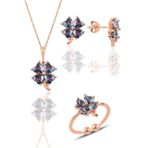 Söğütlü Silver SGTL11664 Gümüş Rose Mistik Taşlı Yonca Kolye Küpe Ve Yüzük Üçlü Set