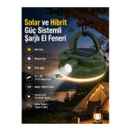 Solar Ve Hibrit Güç Sistemli Şarjlı El Feneri 10W Led 1000 Lümen Pil İle Kullanımlı Kamp Lambası Sarı Beyaz Gün Işığı