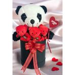 Sole Premium Özel Hediye Kutusunda 35 cm Sevimli Panda ve 3 Adet Kırmızı Peluş Minik Ayıcık Buketi - Siyah beyaz - 50 cm