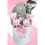 Sole Premium Özel Kutusunda; 45 cm Gri Bunny Tavşan, Simli Kalp 4 Pembe Ayıcık ve Kalp Balonlu Buket - 50 cm