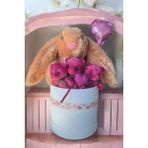 Sole Premium Özel Kutusunda; 45 cm Kahve Bunny Tavşan, Simli Kalp 3 Adet Fuşya Ayıcık ve Kalp Balonlu Buket - 30 cm - Kahverengi