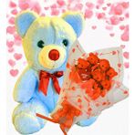 Sole Sevimli 35 cm Peluş Ayı ile Premium Yumoş Kırmızı Peluş Ayıcık Buketi - Açık Mavi
