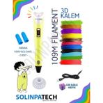 Solinpatech 3D Pen SARI Üç Boyutlu Yazıcı Kalem Printer (Çok Renkli Filament -109METRE- ve USB Kablo Dahil)
