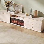 Şömine TV Sehpası, Solid Wood Fireplace TV Table Luxury Cabinet Simulate Flames Modern Living Room Furniture Elektrikli Şömine(Beyaz)