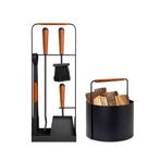 SOMINECO 5 Parça Modern Ceviz Ahşap Saplı Metal Gövdeli Şömine Aksesuar+ Odunluk Bakım Seti