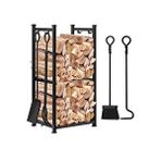 SOMINECO Metal Odunluk Raflı Şömine -soba Maşa Takımı Aksesuar Seti Siyah
