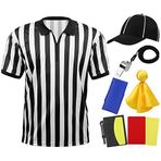 SOMSOC 6 Parça Erkek Resmi Hakem Kostüm Seti Resmi Umpire Forma Siyah Beyaz Çizgili Yaka Hakem Gömlek Kartları Şapka Düdük Penaltı Bayrağı Kum Torbası Rugby Hakem İhtiyaçları