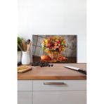 Sonbahar Çiçekli Cam Kesme Tahtası, Silikon Ayaklı, Isıya Kırılmaya Dayanıklı, Sunum Kesim Tablası - 30 x 45 cm
