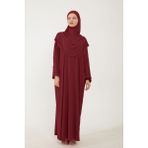 Sonbahar Moda Kadın Tesettür Pamuklu Başörtülü Namaz Elbisesi Dantelli Tek Parça Penye Kumaş - Standart - Bordo