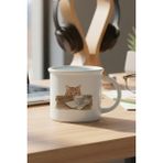 Sonbahar Temalı Sevimli Kedi No:1 Baskılı Enamel Görünümlü Seramik Vintage Kupa Bardak - Beyaz