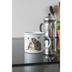 Sonbahar Temalı Sevimli Kedi No:12 Baskılı Enamel Görünümlü Seramik Vintage Kupa Bardak - Beyaz
