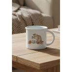 Sonbahar Temalı Sevimli Kedi No:2 Baskılı Enamel Görünümlü Seramik Vintage Kupa Bardak - Beyaz