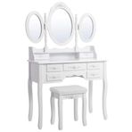 SONGMICS 3 aynalı ve tabureli tuvalet masası, 7 çekmece, eğim koruması, lüks, 145 x 90 x 40 cm, beyaz RDT91W