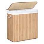 SONGMICS çamaşır sepeti, çamaşır toplayıcı, bambudan yapılmış, kulplu çamaşır sandığı, 3 bölme, klipsli kapak, 150 L, katlanabilir, çamaşır odası, yatak odası, banyo, doğal renk LCB091N01