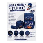 SONİC DESENLİ KOYU MAVİ 3’lü Erkek Çocuk İlkokul Okul Çantası + Termal Beslenme Çantası + Kalemlik