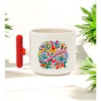 Sonsuzluk Çiçeği Tasarımlı Kırmızı T Kulplu Seramik Baskılı Kupa Bardak 250 ml - 010 - Beyaz