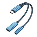 SOOMFON USB C 3,5 mm jak kulaklık adaptörü ve şarj 2'si 1 arada Tip C adaptör kulaklık şarj PD 60W hızlı şarj Aux ses kablosu Samsung S21/S20, Huawei P40/Mate40/30, Pixel 5/4 XL için, mavi