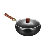 Sopa Demir Wok - Ahşap Saplı Büyük Demir Kızartma Tavası | Kaplamaya Dayanıklı Karma Kızartma Wok Kapak Ile Y-ok | Sobalar Ve İndüksiyon Hobları Için Çin Pişirme Tenceresi (Cam Kapak)