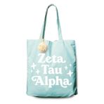 Sorority Shop ZTA Taşıma Çantası - Zeta Tau Alpha Camgöbeği ve Beyaz Retro Ponponlu Kanvas Tote Çanta – Kız Yurdu Retro Tote – Kız Yurdu Hediyesi, Açık Mavi, Large