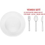 Sos Tedarik Yemek Seti - 21 cm Plastik Tabak 100 Adet - Lüx Çatal Kaşık Bıçak 100 Er Adet