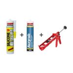 Soudal Şeffaf Silikon 280 gr + Silikonize Akrilik Beyaz Mastik +Silikon Tabancası