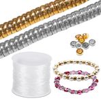 SourceTon 1500 adet 6 mm düz yuvarlak disk gevşek ara boncuk (altın ve gümüş), 1 rulo şeffaf elastik kristal şerit kordon, bileklik, kolye, takı, kendin yap el işi yapımı için