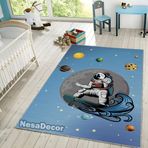 Spaceman Gezegenler Astronot Halısı Çocuk Odası Halısı Dekor Halı Kaymaz Taban İnce Halı (100 x 150 cm)