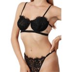 Sparkle and Glimmer MAYA BLACK Siyah İnce Dantel Detaylı Balenli Desteksiz Bralet İç Giyim Sütyen Külot Çamaşır Takımı - 80B