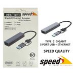 SPEED SP UET01 10-100-1000MBPS USB - TYPE-C 3 PORT USB 3.0 ÇOKLAYICI GIGABIT ETHERNET ÇEVİRİCİ
