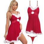 SPHERETRON Noel kostümü kadın seti, kırmızı askılı elbise, beyaz kürk süslemeli normal gömlek, Noel kıyafeti, bayan, Noel, rol oyunu, maskeli balo, parti, karnaval vb. için (XL)