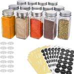 Spicic® Baharat kavanozları, köşeli, yüksek kaliteli camdan – (12'li set) – serpme parçası, huni ve baharat etiketleri – her türlü baharat için yer – mutfak için düzen