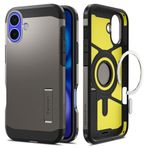 Spigen Apple iPhone 16 Plus Ekstra Dayanıklı MagSafe Kılıf Tough Armor Ai Hava Kanalı Teknolojisi™ Askeri Sınıf Koruma MagFit KickStand'lı Gunmetal Çift Katman Kapak - ACS08084