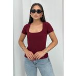spirituel Kadın Kısa Kollu T-Shirt Kare Yaka Çift Kat Sandy Kumaş Crop T-Shirt