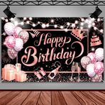 splolowil Happy Birthday Afiş Glitter Balon Konfeti Hediye İşareti Doğum Günü Afişi Arka Plan Doğum Günü Partisi Dekorasyon Malzemeleri, Tema Renkleri Siyah ve Pembe, Bayanlar için Uygun, 70 x 43 inç