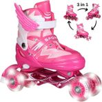Sportaj Işıklı Silikon Tekerli Paten Kız Erkek Çocuk Pateni Çantalı 2+2 4 Dört Tekerlekli Paten 3 In 1 - Pembe - Beyaz - 34 - 37