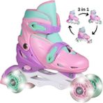 Sportaj Işıklı Silikon Tekerli Paten Kız Erkek Çocuk Pateni Çantalı 2+2 4 Dört Tekerlekli Paten 3 In 1 - Pembe - Yeşil - 30 - 33