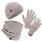 Sportoonline Winter Set %70 Merino Yünü Termal Bere Boyunluk ve Eldiven 3'lü Kış Seti - Krem L/XL