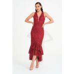 SpringStore Bordo Sırt Dekolteli Halter Yaka Abiye