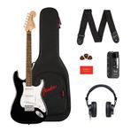 Squier by Fender Affinity Series™ Stratocaster® elektro gitar ve Mustang™ Micro Pack siyah Gigbag, kayış, kulaklık, pena ve Fender Play için 3 aylık ücretsiz abonelik dahil