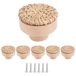 Sreuyong Boho Rattan Şifonyer Topuzları Yuvarlak Ahşap Çekmece Düğmeleri El Yapımı Hasır Dokuma ve Vidalar Boho Mobilya Düğmeleri için 6 Adet