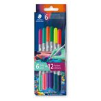 Staedtler 3280 çift keçeli kalem, iki renkli, iki uç, iki farklı renk, çizgi genişliği 3 mm ve 1 mm, karton kutu, 6 keçeli boya ile, çeşitli renklerde, 3280C6E2-1